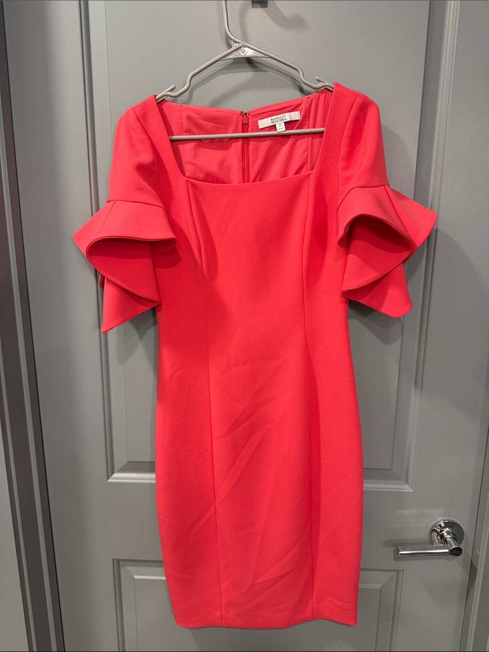 Badgley Mischka Coral Ruffle-Sleeve Midi Dress